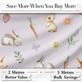 Cute Easter Bunnies with Flowers Carrots Soft Lilac Background Seamless Pattern Digital Print Fabric by the Metre UK Sewing Quilting Textile
