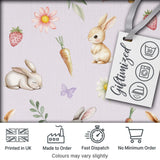 Cute Easter Bunnies with Flowers Carrots Soft Lilac Background Seamless Pattern Digital Print Fabric by the Metre UK Sewing Quilting Textile