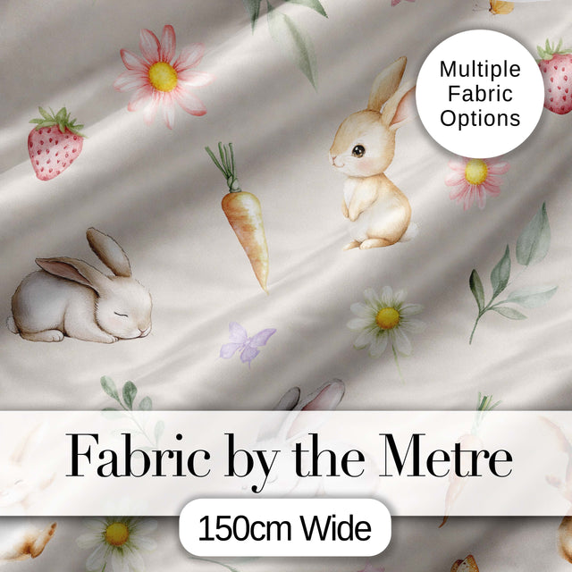 Cute Easter Bunnies with Flowers Carrots Soft Beige Background Seamless Pattern Digital Print Fabric by the Metre UK Sewing Quilting Textile