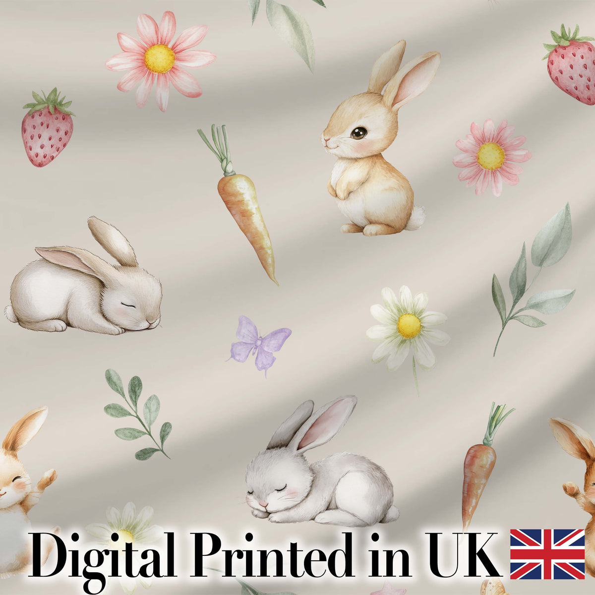 Cute Easter Bunnies with Flowers Carrots Soft Beige Background Seamless Pattern Digital Print Fabric by the Metre UK Sewing Quilting Textile