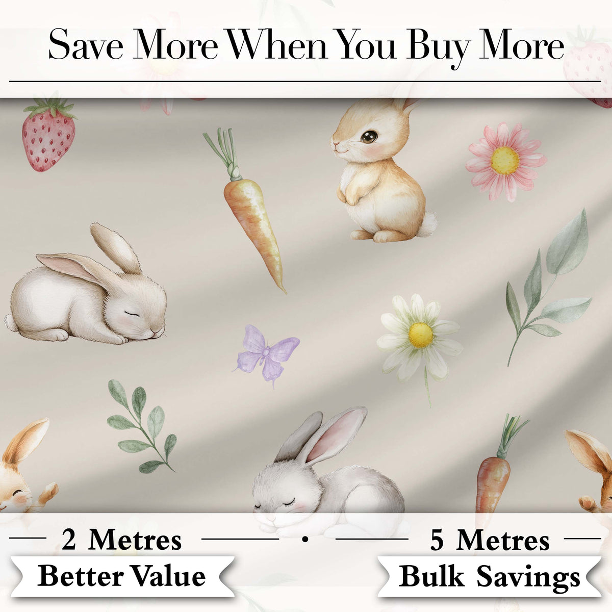 Cute Easter Bunnies with Flowers Carrots Soft Beige Background Seamless Pattern Digital Print Fabric by the Metre UK Sewing Quilting Textile