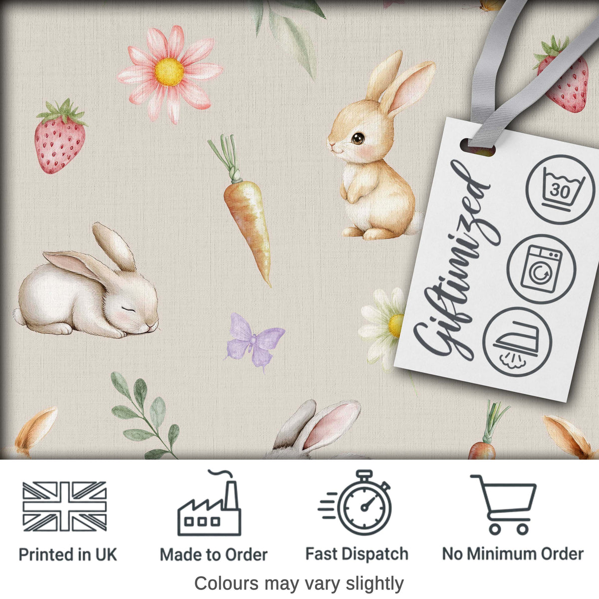 Cute Easter Bunnies with Flowers Carrots Soft Beige Background Seamless Pattern Digital Print Fabric by the Metre UK Sewing Quilting Textile