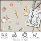 Cute Easter Bunnies with Flowers Carrots Soft Beige Background Seamless Pattern Digital Print Fabric by the Metre UK Sewing Quilting Textile