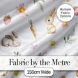 Cute Easter Bunnies with Flowers Carrots White Background Seamless Pattern Digital Print Fabric by the Metre UK Sewing Quilting Textile