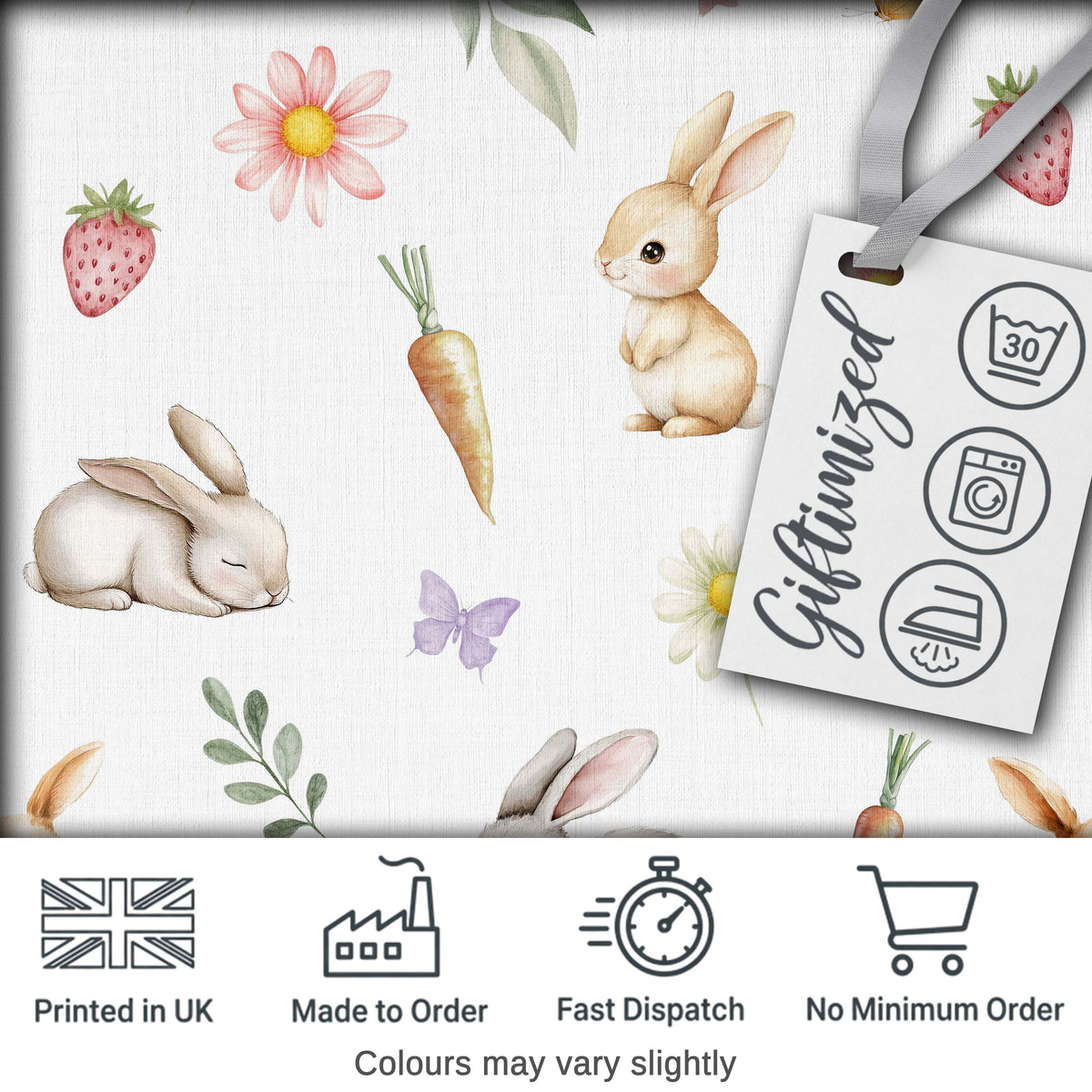 Cute Easter Bunnies with Flowers Carrots White Background Seamless Pattern Digital Print Fabric by the Metre UK Sewing Quilting Textile
