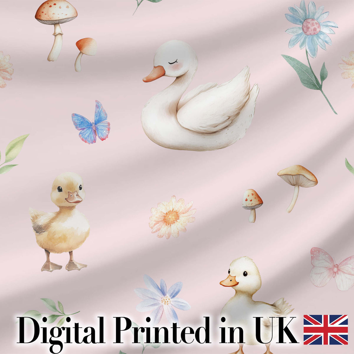 Swan and Ducklings with Flowers Mushrooms Soft Pink  Seamless Pattern Digital Print Fabric by the Metre UK Sewing Quilting Textile