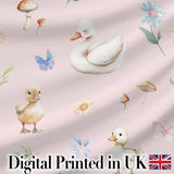 Swan and Ducklings with Flowers Mushrooms Soft Pink  Seamless Pattern Digital Print Fabric by the Metre UK Sewing Quilting Textile