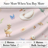 Swan and Ducklings with Flowers Mushrooms Soft Pink  Seamless Pattern Digital Print Fabric by the Metre UK Sewing Quilting Textile