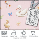 Swan and Ducklings with Flowers Mushrooms Soft Pink  Seamless Pattern Digital Print Fabric by the Metre UK Sewing Quilting Textile