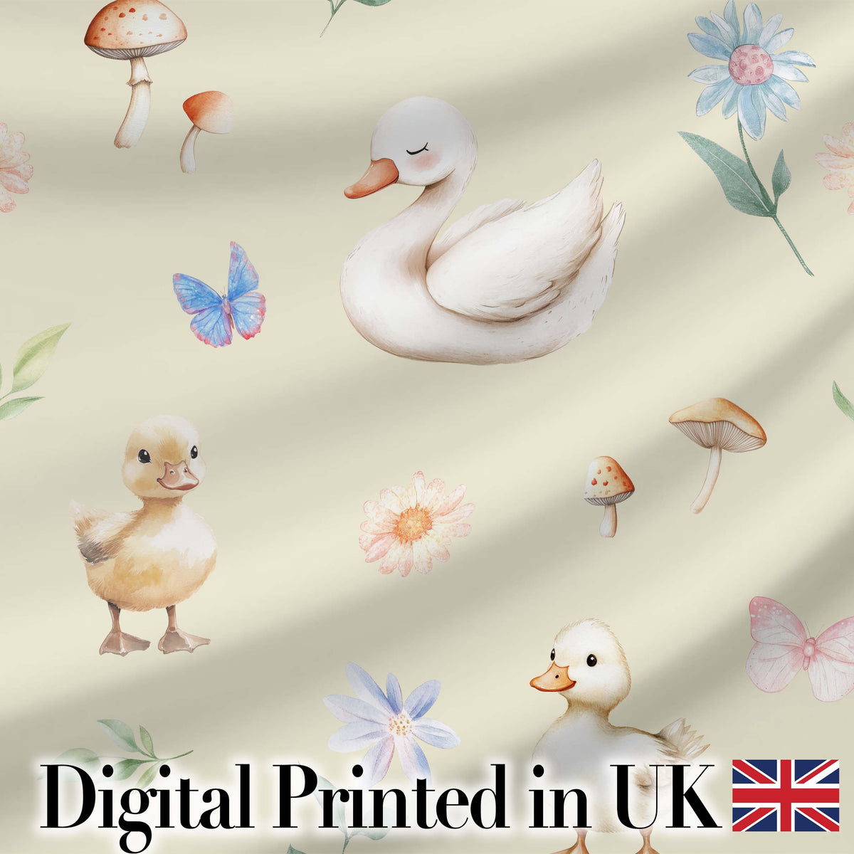 Swan and Ducklings with Flowers Mushrooms Soft Olive  Seamless Pattern Digital Print Fabric by the Metre UK Sewing Quilting Textile