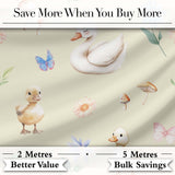 Swan and Ducklings with Flowers Mushrooms Soft Olive  Seamless Pattern Digital Print Fabric by the Metre UK Sewing Quilting Textile