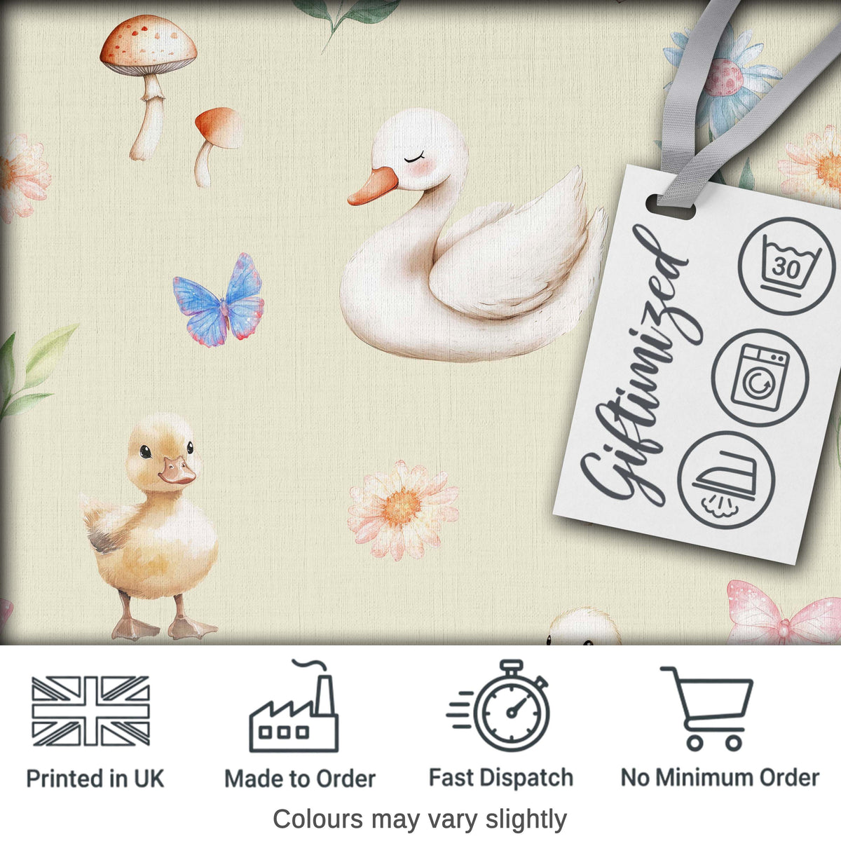 Swan and Ducklings with Flowers Mushrooms Soft Olive  Seamless Pattern Digital Print Fabric by the Metre UK Sewing Quilting Textile