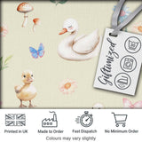 Swan and Ducklings with Flowers Mushrooms Soft Olive  Seamless Pattern Digital Print Fabric by the Metre UK Sewing Quilting Textile