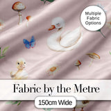 Swan and Ducklings with Flowers Mushrooms Soft Pink  Seamless Pattern Digital Print Fabric by the Metre UK Sewing Quilting Textile