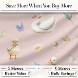 Swan and Ducklings with Flowers Mushrooms Soft Pink  Seamless Pattern Digital Print Fabric by the Metre UK Sewing Quilting Textile