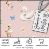 Swan and Ducklings with Flowers Mushrooms Soft Pink  Seamless Pattern Digital Print Fabric by the Metre UK Sewing Quilting Textile
