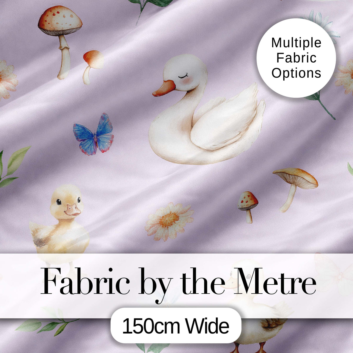 Swan and Ducklings with Flowers Mushrooms Soft Lilac  Seamless Pattern Digital Print Fabric by the Metre UK Sewing Quilting Textile