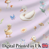 Swan and Ducklings with Flowers Mushrooms Soft Lilac  Seamless Pattern Digital Print Fabric by the Metre UK Sewing Quilting Textile