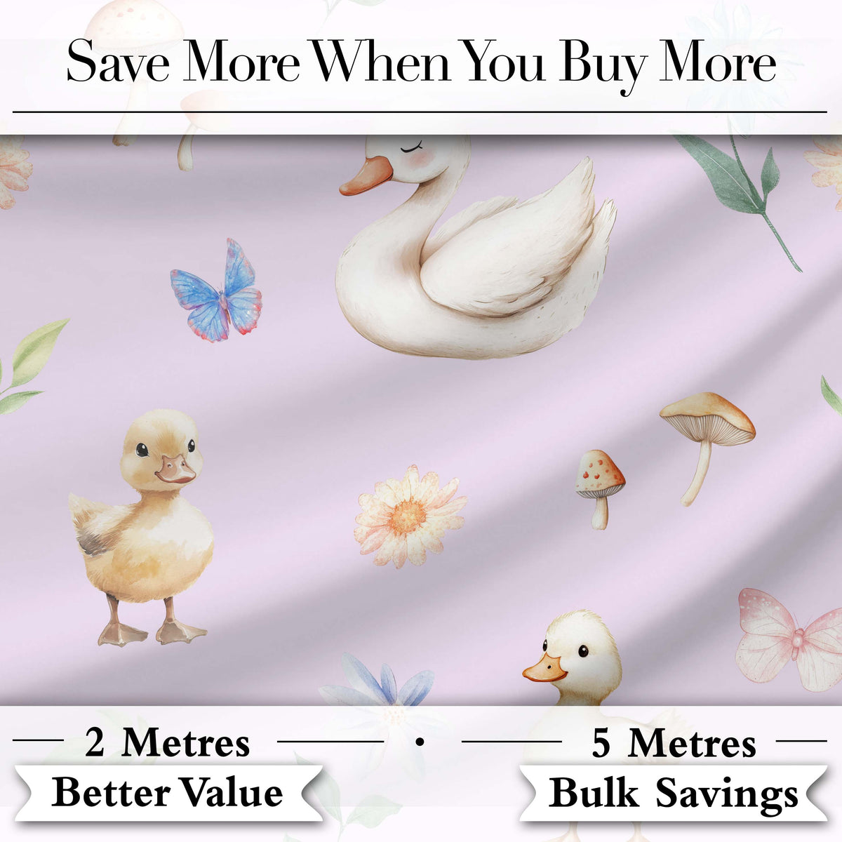 Swan and Ducklings with Flowers Mushrooms Soft Lilac  Seamless Pattern Digital Print Fabric by the Metre UK Sewing Quilting Textile