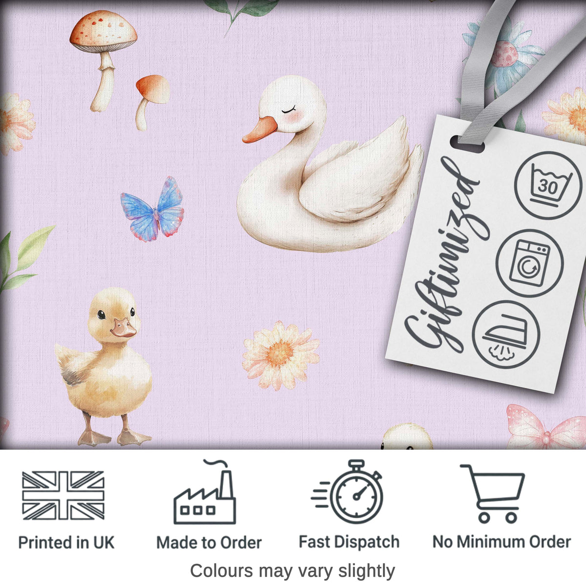 Swan and Ducklings with Flowers Mushrooms Soft Lilac  Seamless Pattern Digital Print Fabric by the Metre UK Sewing Quilting Textile