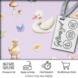 Swan and Ducklings with Flowers Mushrooms Soft Lilac  Seamless Pattern Digital Print Fabric by the Metre UK Sewing Quilting Textile