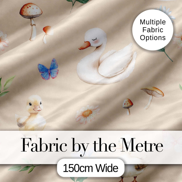 Swan and Ducklings with Flowers Mushrooms Soft Beige  Seamless Pattern Digital Print Fabric by the Metre UK Sewing Quilting Textile
