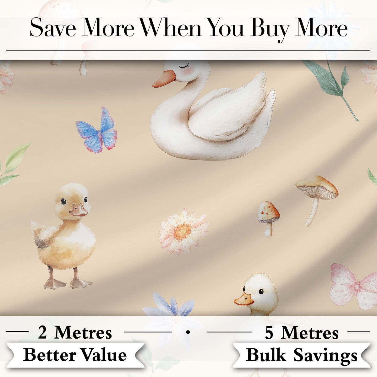 Swan and Ducklings with Flowers Mushrooms Soft Beige  Seamless Pattern Digital Print Fabric by the Metre UK Sewing Quilting Textile