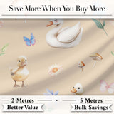 Swan and Ducklings with Flowers Mushrooms Soft Beige  Seamless Pattern Digital Print Fabric by the Metre UK Sewing Quilting Textile