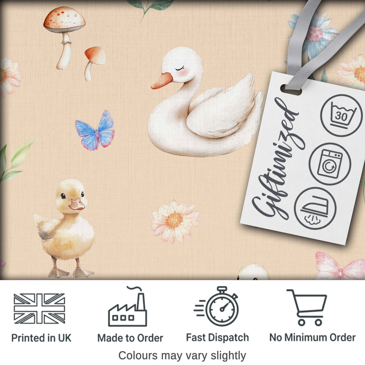 Swan and Ducklings with Flowers Mushrooms Soft Beige  Seamless Pattern Digital Print Fabric by the Metre UK Sewing Quilting Textile