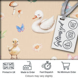 Swan and Ducklings with Flowers Mushrooms Soft Beige  Seamless Pattern Digital Print Fabric by the Metre UK Sewing Quilting Textile