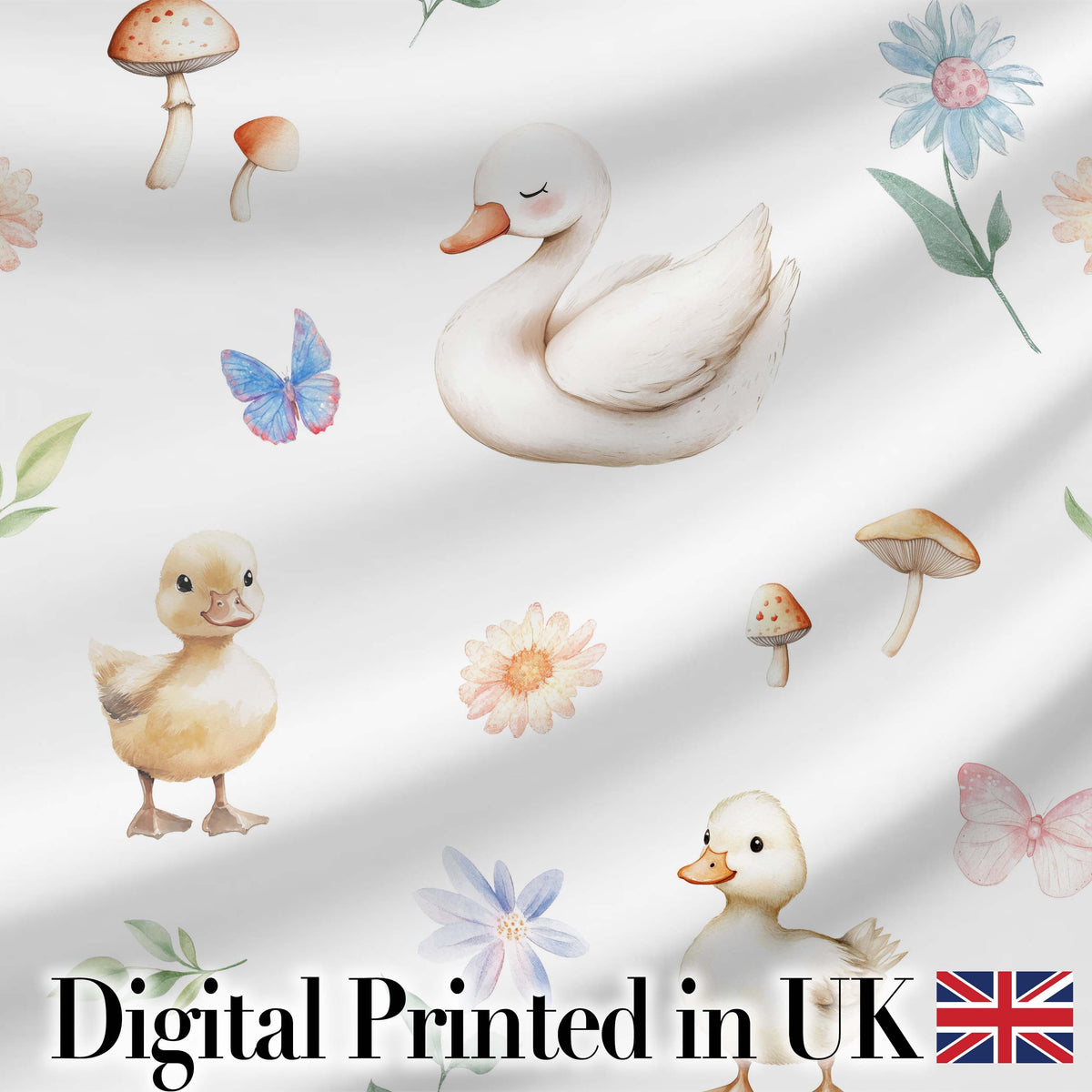 Swan and Ducklings with Flowers Mushrooms Soft White  Seamless Pattern Digital Print Fabric by the Metre UK Sewing Quilting Textile