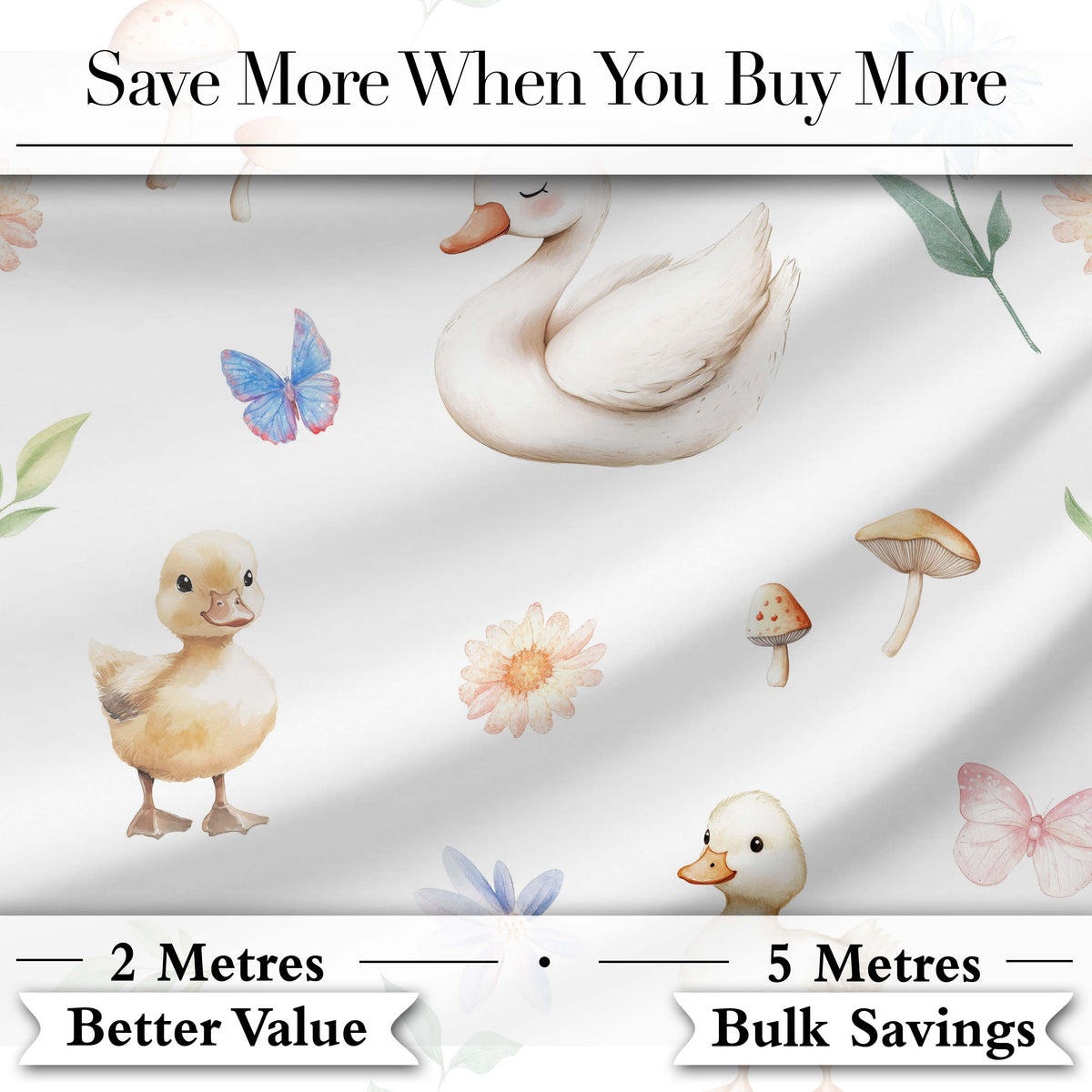 Swan and Ducklings with Flowers Mushrooms Soft White  Seamless Pattern Digital Print Fabric by the Metre UK Sewing Quilting Textile