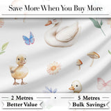 Swan and Ducklings with Flowers Mushrooms Soft White  Seamless Pattern Digital Print Fabric by the Metre UK Sewing Quilting Textile
