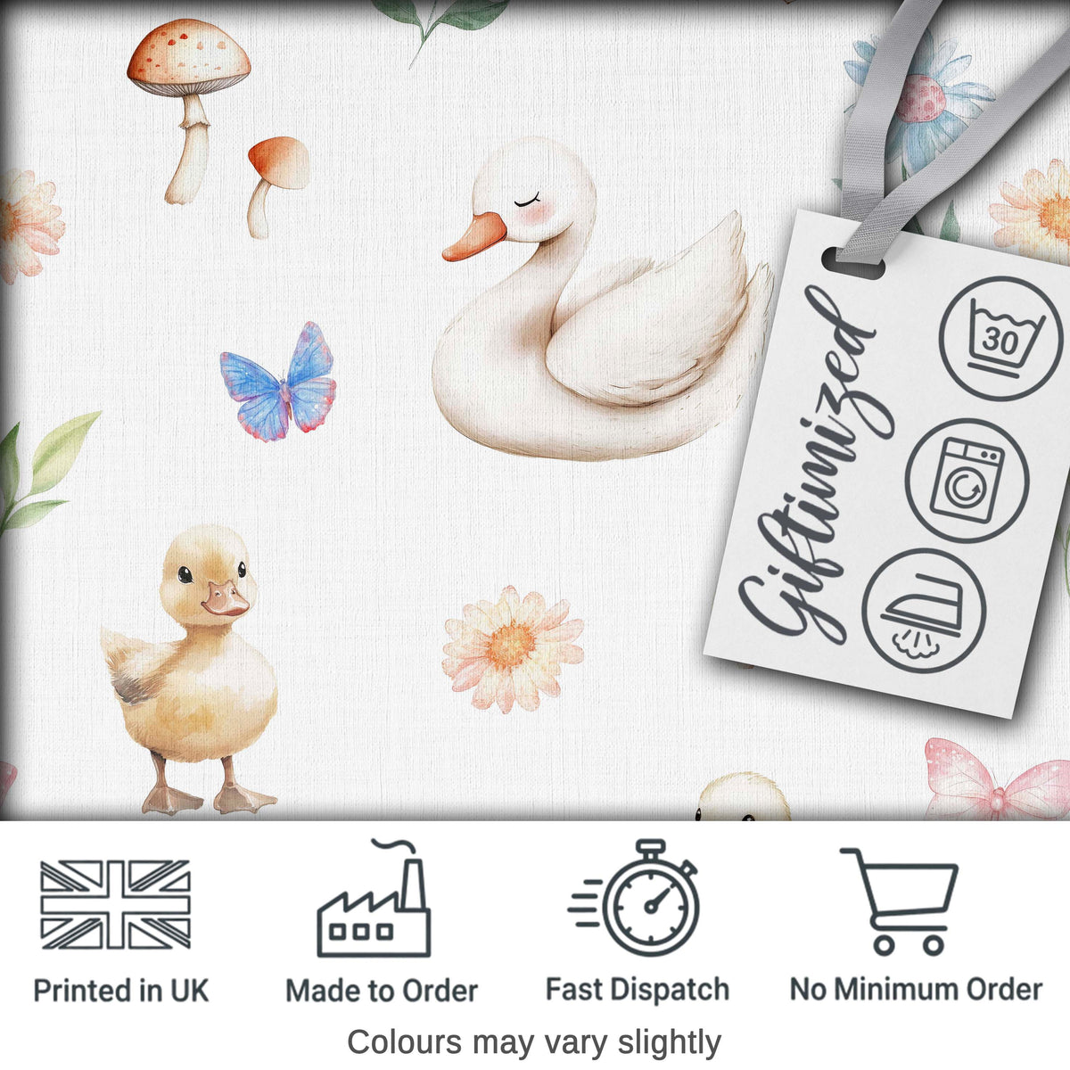 Swan and Ducklings with Flowers Mushrooms Soft White  Seamless Pattern Digital Print Fabric by the Metre UK Sewing Quilting Textile