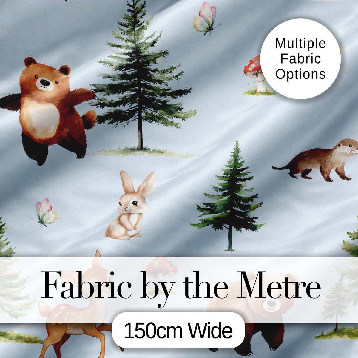 Bear Bunny Squirrel Trees Mushrooms Butterfly Soft Blue  Seamless Pattern Digital Print Fabric by the Metre UK Sewing Quilting Textile