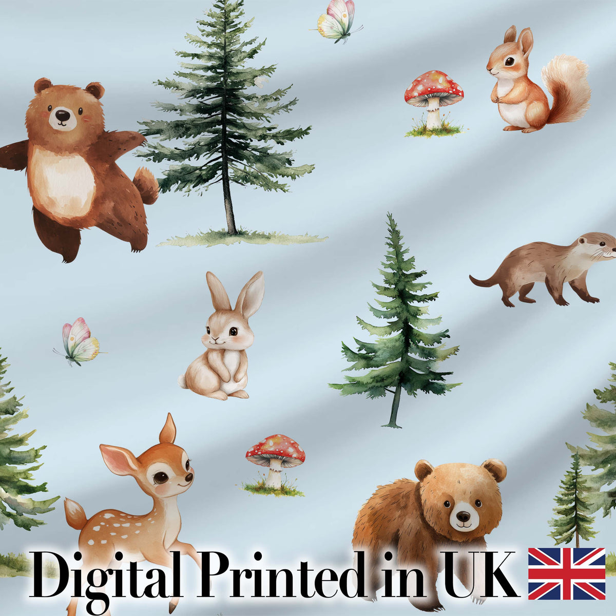 Bear Bunny Squirrel Trees Mushrooms Butterfly Soft Blue  Seamless Pattern Digital Print Fabric by the Metre UK Sewing Quilting Textile