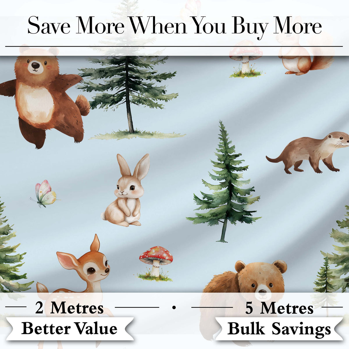 Bear Bunny Squirrel Trees Mushrooms Butterfly Soft Blue  Seamless Pattern Digital Print Fabric by the Metre UK Sewing Quilting Textile