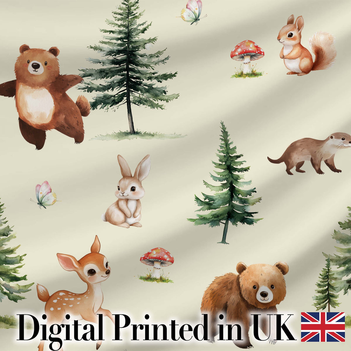 Bear Bunny Squirrel Trees Mushrooms Butterfly Soft Cream  Seamless Pattern Digital Print Fabric by the Metre UK Sewing Quilting Textile