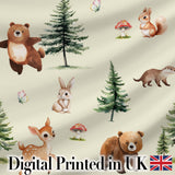 Bear Bunny Squirrel Trees Mushrooms Butterfly Soft Cream  Seamless Pattern Digital Print Fabric by the Metre UK Sewing Quilting Textile