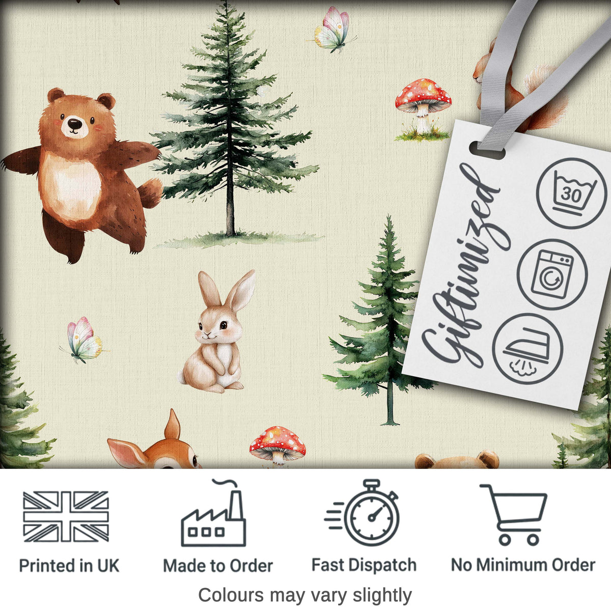 Bear Bunny Squirrel Trees Mushrooms Butterfly Soft Cream  Seamless Pattern Digital Print Fabric by the Metre UK Sewing Quilting Textile