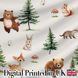 Bear Bunny Squirrel Trees Mushrooms Butterfly Soft Neutral  Seamless Pattern Digital Print Fabric by the Metre UK Sewing Quilting Textile