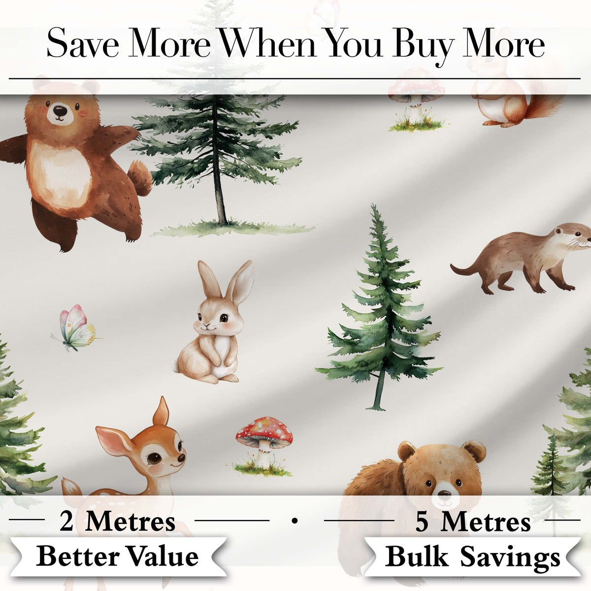 Bear Bunny Squirrel Trees Mushrooms Butterfly Soft Neutral  Seamless Pattern Digital Print Fabric by the Metre UK Sewing Quilting Textile