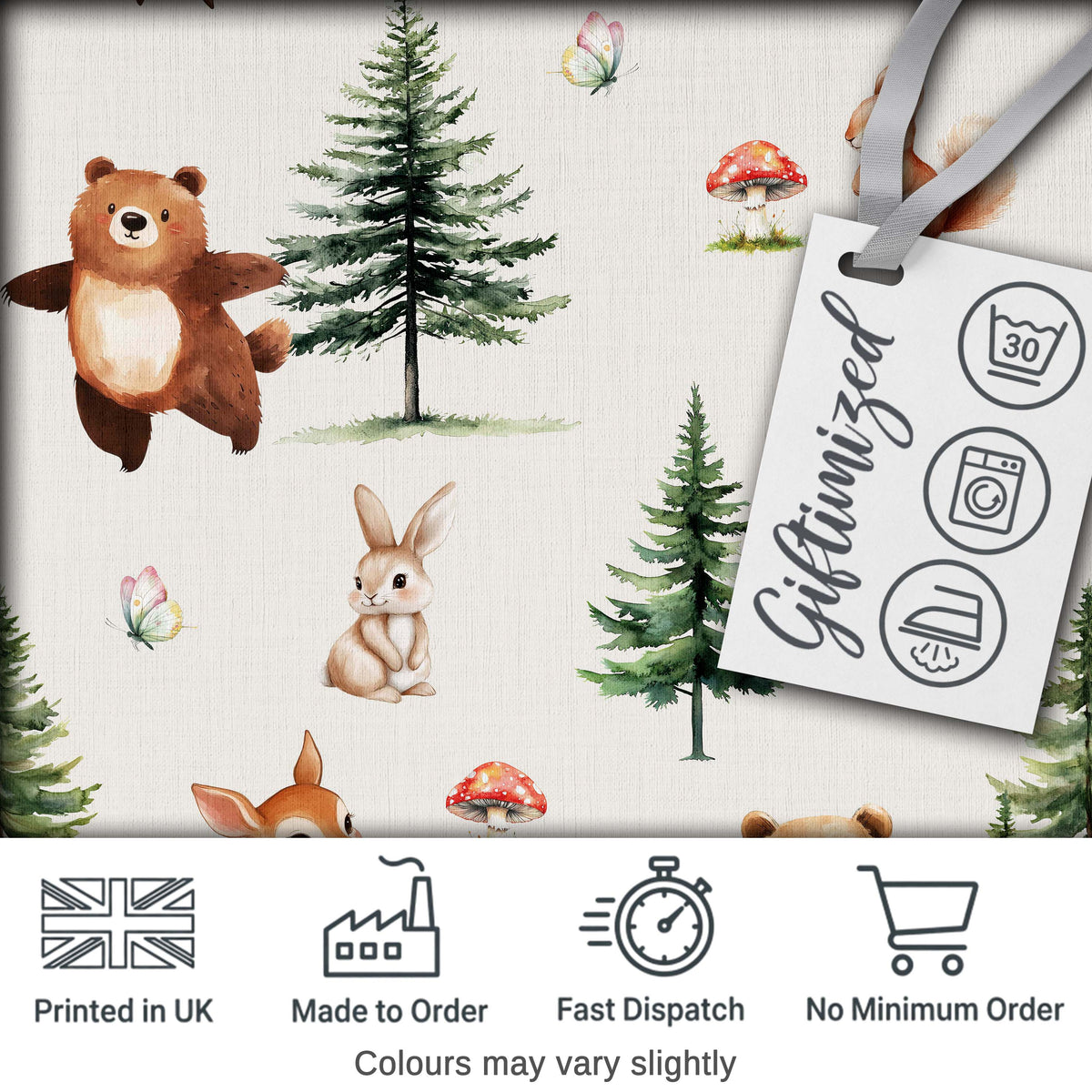 Bear Bunny Squirrel Trees Mushrooms Butterfly Soft Neutral  Seamless Pattern Digital Print Fabric by the Metre UK Sewing Quilting Textile