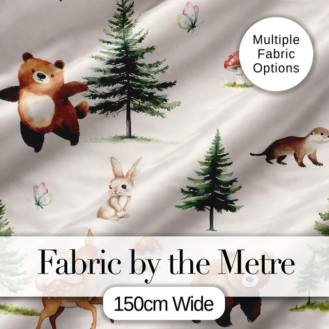 Bear Bunny Squirrel Trees Mushrooms Butterfly Soft White  Seamless Pattern Digital Print Fabric by the Metre UK Sewing Quilting Textile