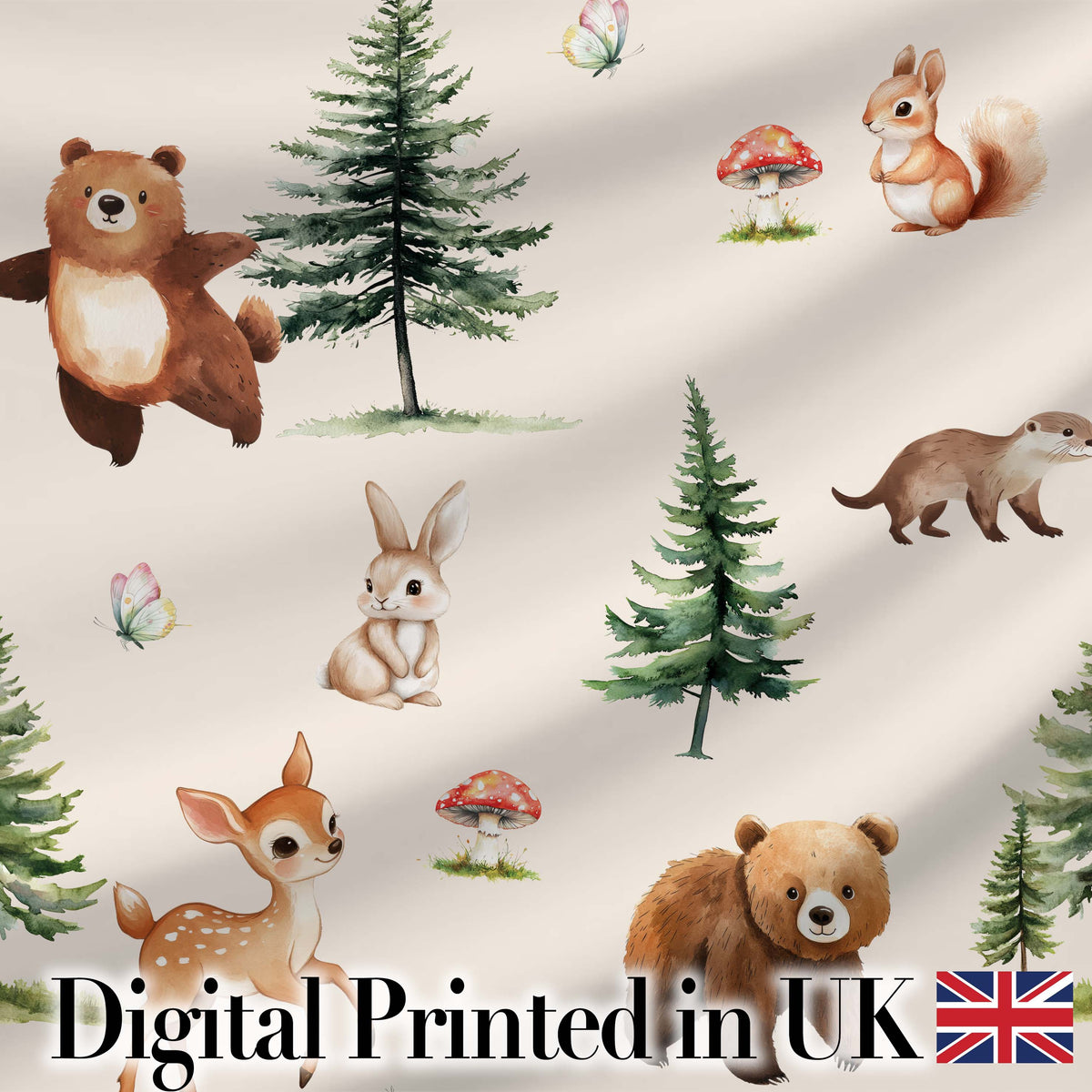 Bear Bunny Squirrel Trees Mushrooms Butterfly Soft White  Seamless Pattern Digital Print Fabric by the Metre UK Sewing Quilting Textile