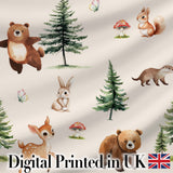 Bear Bunny Squirrel Trees Mushrooms Butterfly Soft White  Seamless Pattern Digital Print Fabric by the Metre UK Sewing Quilting Textile