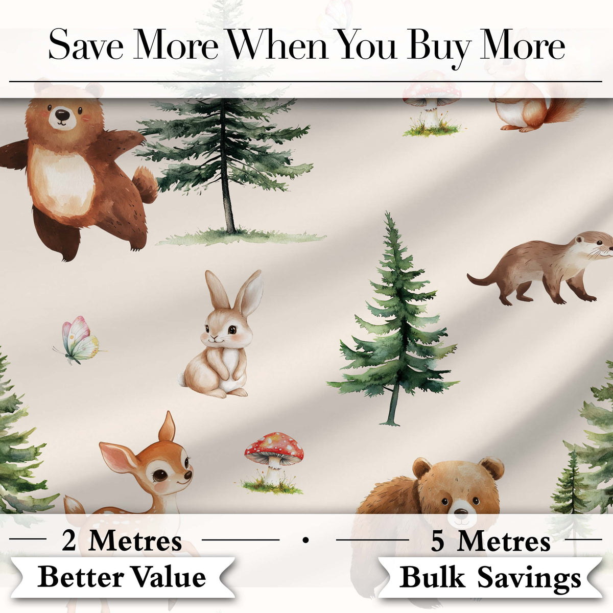 Bear Bunny Squirrel Trees Mushrooms Butterfly Soft White  Seamless Pattern Digital Print Fabric by the Metre UK Sewing Quilting Textile