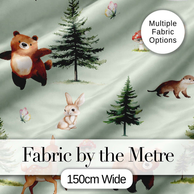 Bear Bunny Squirrel Trees Mushrooms Butterfly Soft Sage  Seamless Pattern Digital Print Fabric by the Metre UK Sewing Quilting Textile