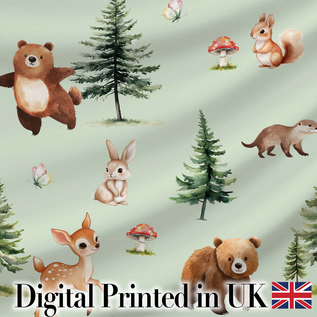 Bear Bunny Squirrel Trees Mushrooms Butterfly Soft Sage  Seamless Pattern Digital Print Fabric by the Metre UK Sewing Quilting Textile