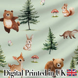 Bear Bunny Squirrel Trees Mushrooms Butterfly Soft Sage  Seamless Pattern Digital Print Fabric by the Metre UK Sewing Quilting Textile